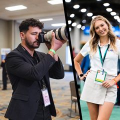 Event photographer shooting with a telephoto lens at a conference, next to a smiling attendee posing for her photo
